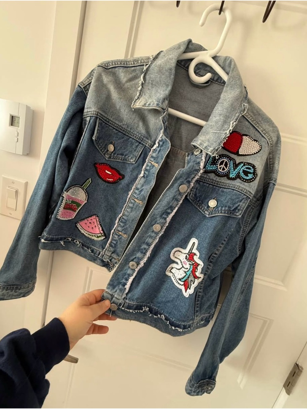 Denim Patchwork Jacket with Colorful Embellishments